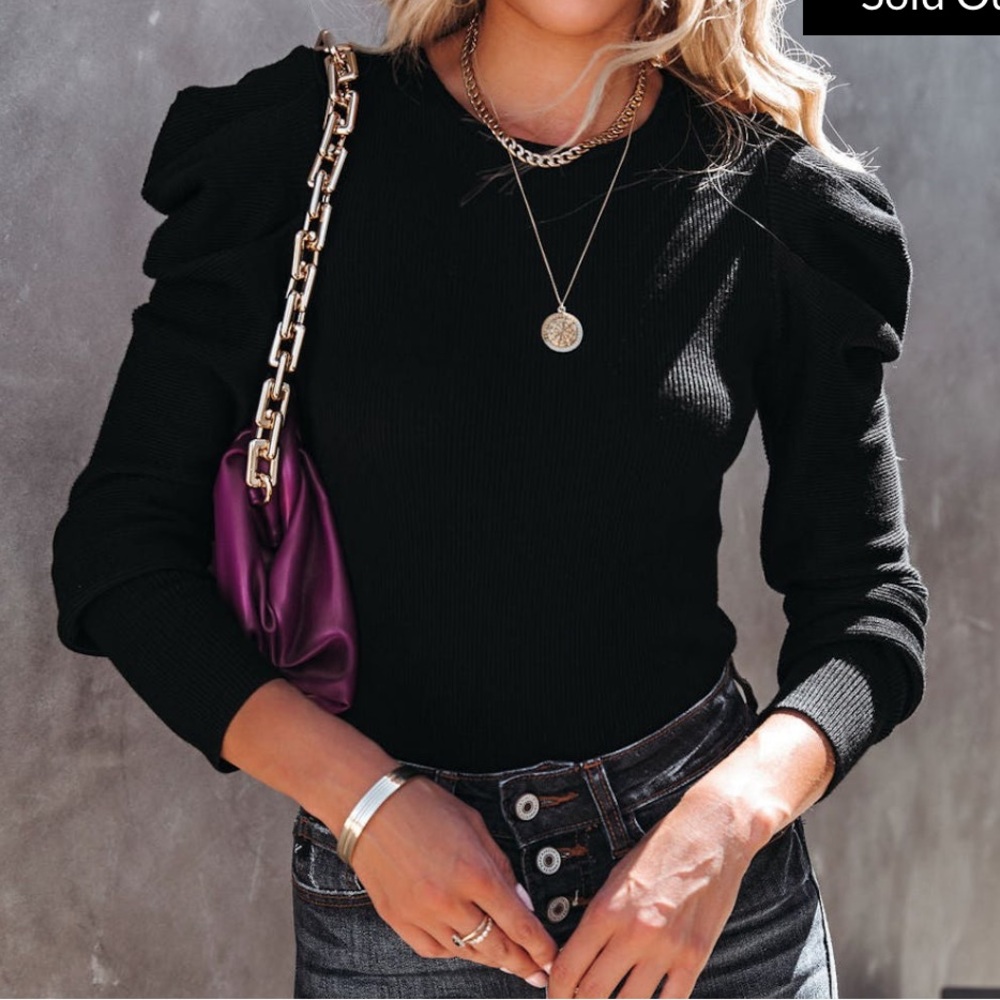 ON TWELFTH Puff Sleeve Ribbed Sweater in Black